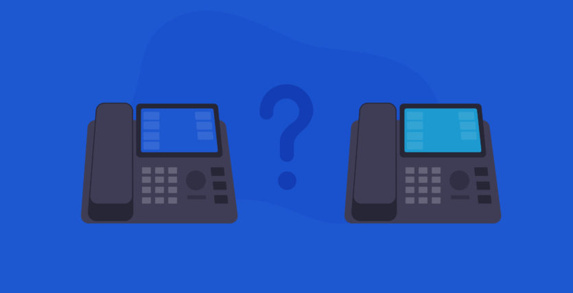Different types of business landlines shown with two phones & a question mark.